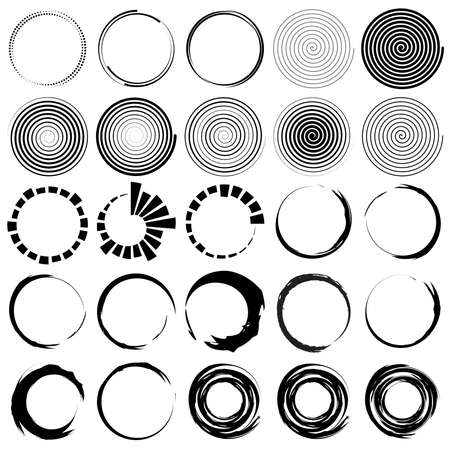 Spiral, swirl, twirl set, collection. Radial, radiating, concentric element set, vector illustrationのイラスト素材