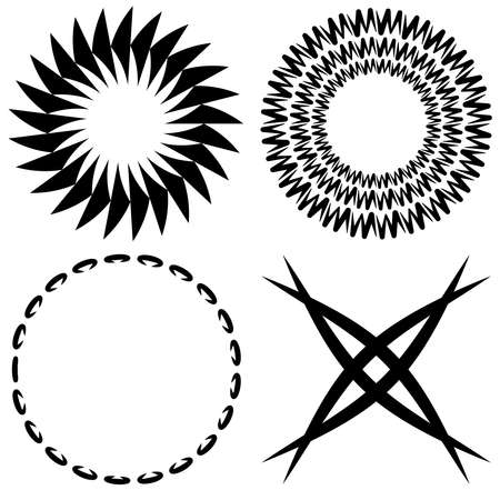 abstract black and white circular, concentric and radial contour, outline mandala, motif shape, design element, clip-art setのイラスト素材