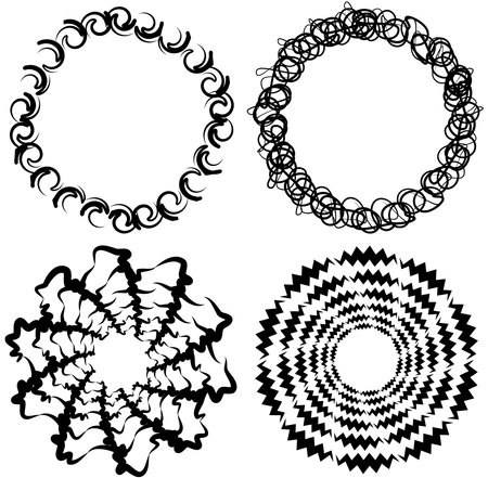 abstract black and white circular, concentric and radial contour, outline mandala, motif logo shape, design element, clip-art setのイラスト素材