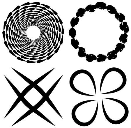 abstract black and white circular, concentric and radial contour, outline mandala, motif shape, design element, clip-art setのイラスト素材