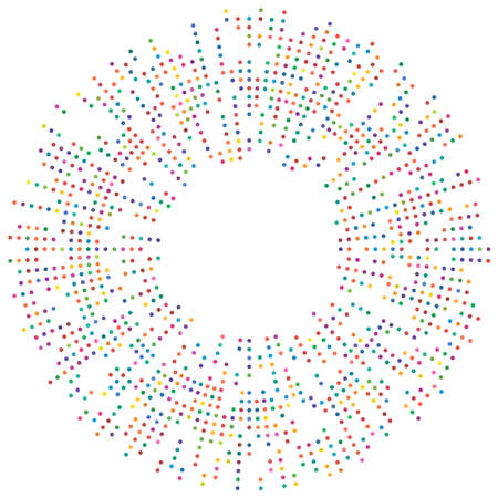 Colorful, colored random circles, dots, speckles and freckles concentric, circular and radial element. Pointillist, pointillism random polychrome halftone circles - stock vector illustration, clip-art graphicsのイラスト素材