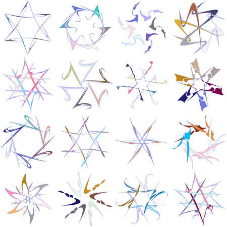 Abstract geometric element set of 16. Crystal, flake abstract circular, radial motif. Mandala icon, symbol - stock vector illustration, clip-art graphicsのイラスト素材