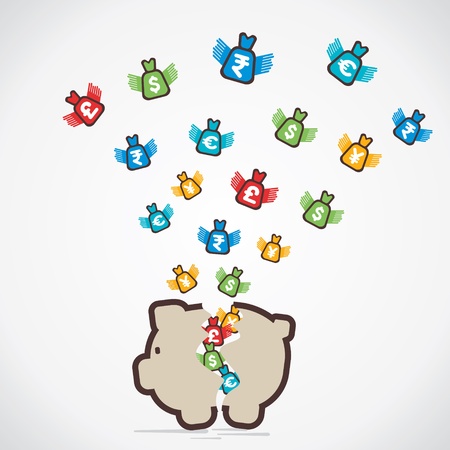 break the piggy and fly money bag vectorのイラスト素材