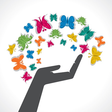 colorful butterfly around hand vectorのイラスト素材