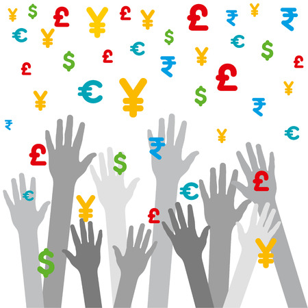 every hand catch the falling different currency background vectorのイラスト素材