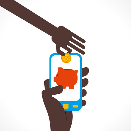 saving money , drop the coin in piggy bank in mobile concept vectorのイラスト素材