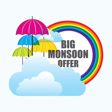 big monsoon offer banner design with colorful umbrella and clouds vectorのイラスト素材