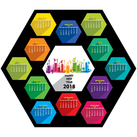 Creative colorful hexagonal shape new year calendar 2018 template designのイラスト素材