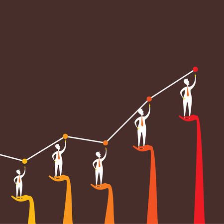 Businessmen support growth graph for lifting up; People and hands in colored silhoutte illustration.のイラスト素材