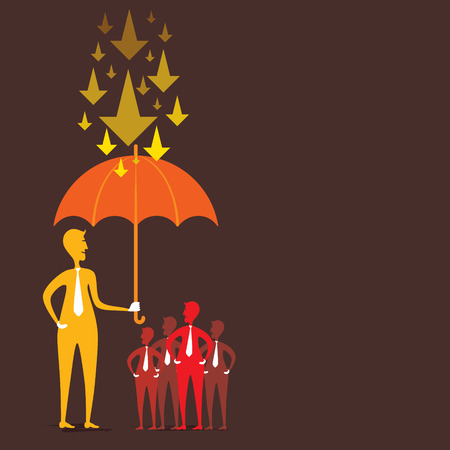 Men secure or insure group of people under umbrella, insurance concept design; People and umbrella silhoutte illustration.のイラスト素材