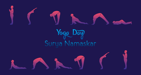 Yoga infographics, Surya Namaskar sequence benefits of practiceのイラスト素材