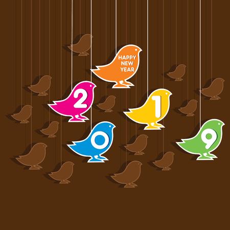 creative colorful new year 2019 greeting card design by hanging birdのイラスト素材