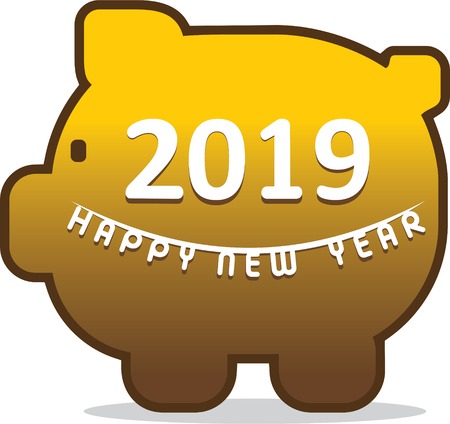 creative happy new year 2019 greeting, text written on piggy bankのイラスト素材