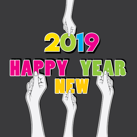 colorful happy new year 2019 text hold in hand concept designのイラスト素材