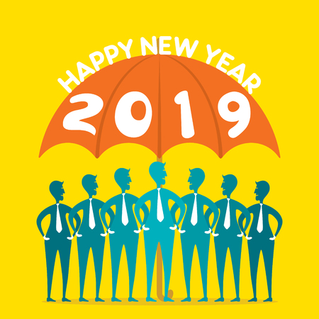 happy new year 2019 poster design, businessmen under umbrellaのイラスト素材