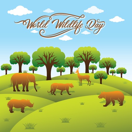 world wildlife day banner design, animal in forest design by brush stroke conceptのイラスト素材
