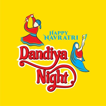 Indian couple playing Garba in Dandiya Night Navratri Dussehra festival of India celebrateのイラスト素材