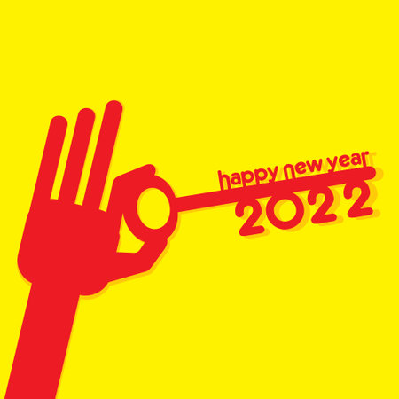 Happy New Year 2022 greeting card. Hand with key. Vector illustrationのイラスト素材