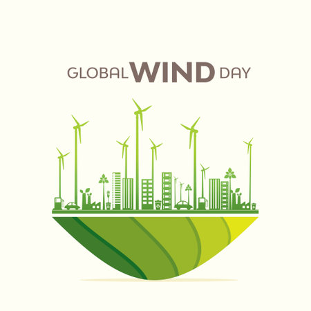 Global Wind Day is an annual event celebrated on June 15th to raise awareness about the importance of wind energy and its role in addressing climate change.のイラスト素材