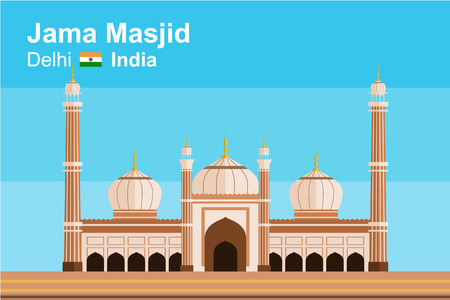 Simplified flat-styled vector of Jama Masjid, mosque of Delhi, India, as viewed from front.のイラスト素材
