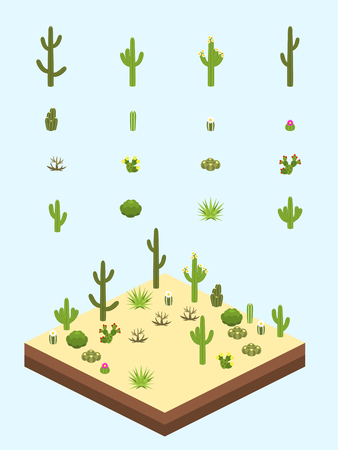Cacti and bushes for video game-style isometric American desert scene.のイラスト素材