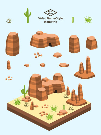 Boulders, rocks, and rock formations set for video game-type isometric American desert scene.のイラスト素材