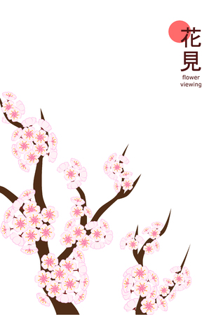 Large vertical cherry blossom branch in flat style on portrait white background, made to celebrate 2018 Hanami (Japanese flower viewing) tradition.のイラスト素材
