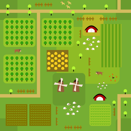Seamless farmland map pattern in a very simple flat style, complete with its animals, plants, and barn. This variant (Variant B) is combinable with map in the same series.のイラスト素材