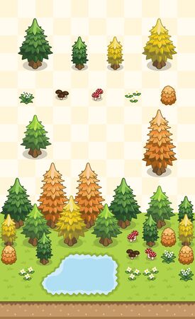 Conifers, bushes, and flowers set for autumn boreal forest scene on oblique projection. Images are designed to align into square grid for easy game tile-mapping.のイラスト素材