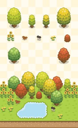 Generic trees, bushes, and flowers set for autumn scene on oblique projection. Images are designed to align into square grid for easy game tile-mapping.のイラスト素材