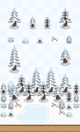 Dead conifers in winter on oblique projection for dead boreal forest winter scene. Images are designed to align into square grid for easy game tile-mapping.のイラスト素材
