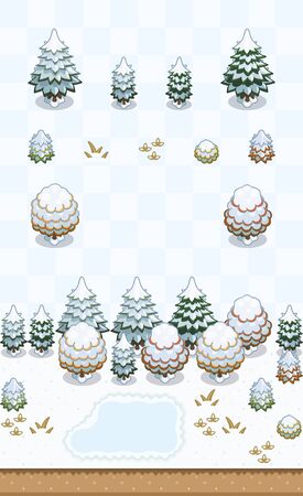 Temperate forest plants set (pine tree, generic tree) in snowy day on oblique projection. Images are designed to align into square grid for easy game tile-mapping.のイラスト素材