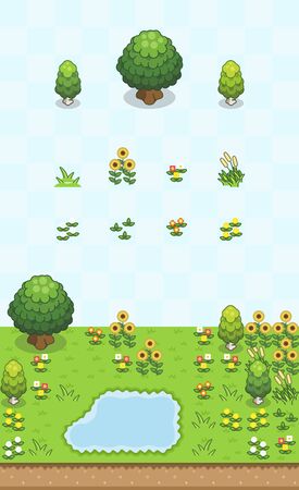 Trees and small vegetation set for grassland scene on oblique projection. Images are designed to align into square grid for easy game tile-mapping.のイラスト素材