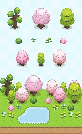 Tree, bushes, and small vegetation inspired from Japanese garden in spring, made on oblique projection. Images are designed to align into square grid for easy game tile-mapping.のイラスト素材