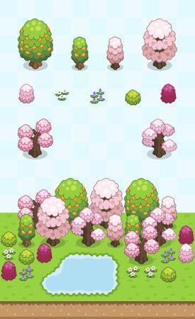 Alternative version of tree, bushes, and small vegetation inspired from Japanese garden in spring, made on oblique projection. Images are designed to align into square grid for easy game tile-mapping.のイラスト素材