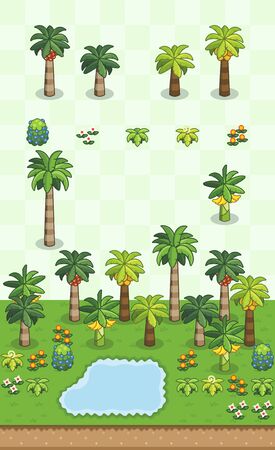 Tree ferns, small ferns, and cycads set for prehistoric forest scene on oblique projection. Images are designed to align into square grid for easy game tile-mapping.のイラスト素材