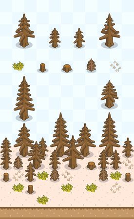 Dead coniferous tree and tree stumps for drought scene on oblique projection. Images are designed to align into square grid for easy game tile-mapping.のイラスト素材