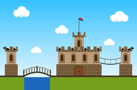 Cartoon game background with fortress and cannons.のイラスト素材
