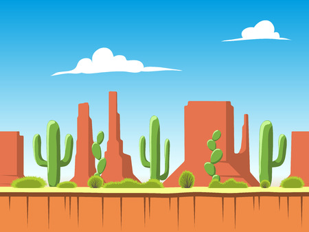 Seamless cartoon nature landscape, unending background with soil, bushes, mountains and cloudy sky layersのイラスト素材