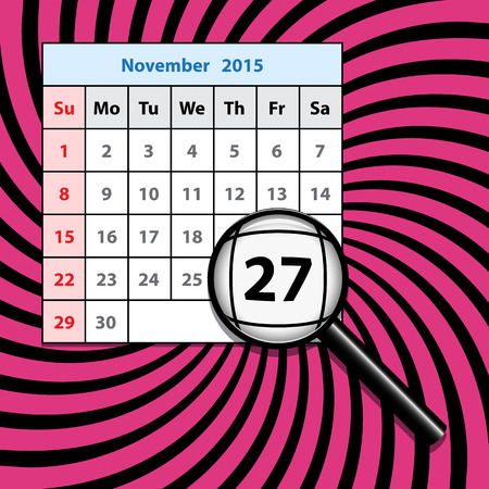 Black friday sale reminder design in form of calendar with magnifier over bright  background.のイラスト素材