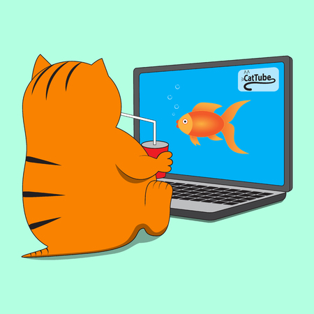 Cat sitting in front of computer with cup of drink watching cat channel.のイラスト素材