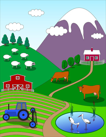 Colorful farm countryside cartoon background. Birds animals trees lake.  illustration.のイラスト素材