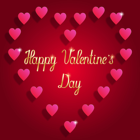 Happy Valentine's day greeting card. Pink hearts red background gold handwriting.のイラスト素材