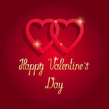 Happy Valentine's day greeting card. Red hearts red background gold handwriting.のイラスト素材