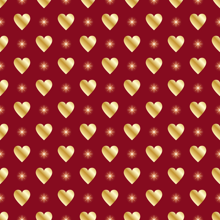 Golden hearts and stars over red seamless background.Vector illustration.のイラスト素材