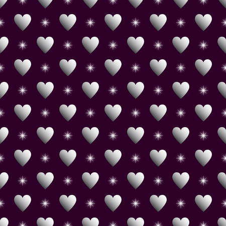 Silver hearts and stars over purple seamless background.Vector illustration.のイラスト素材