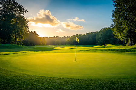 A breathtaking golf course bathed in the warm glow of golden hour sunlight. Lush green fairways and manicured greens are framed by majestic trees under a vibrant, cloud-filled sky.の素材