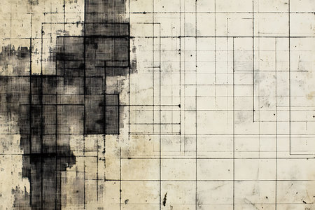 A visually complex abstract image featuring a gridded background overlaid with dark, expressive brushstrokes. The texture suggests a blend of digital and organic elements for artistic appeal.の素材