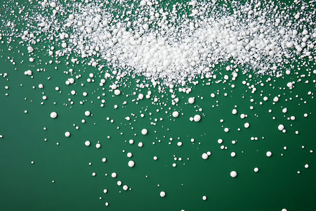 Captivating close-up of numerous small, shimmering white glitter particles cascading downwards, creating a magical and festive atmosphere on a deep teal green backdrop.の素材