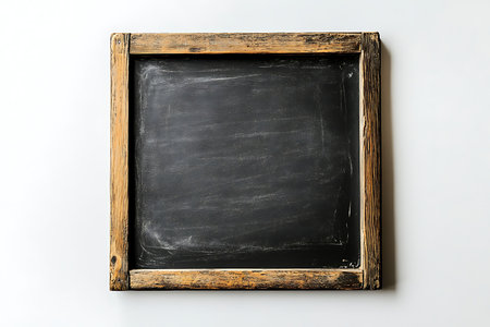 An empty vintage chalkboard with a weathered rustic wooden frame sits against a clean white surface. Perfect for learning, teaching, or creative expression, it awaits your chalk-written ideas.の素材